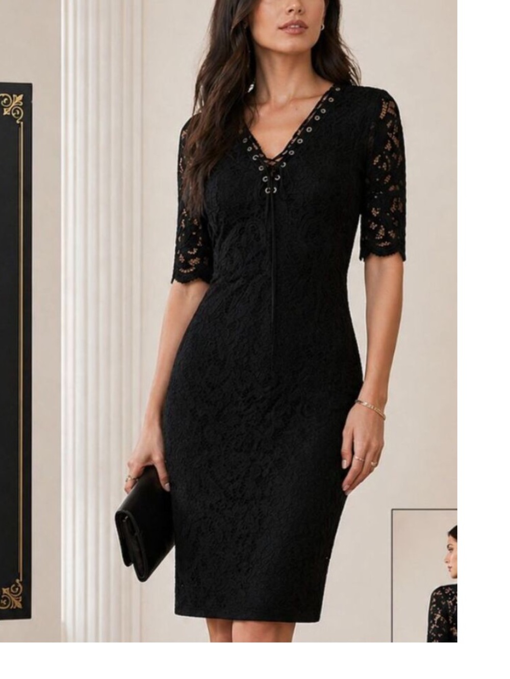 Nina PIU Lace-Up V-Neck Dress Whimsigoth Romantic Dark Coquette Black Lace M